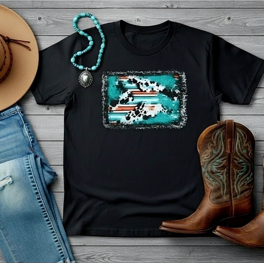 Cow Print Turquoise Western Tee • Boho Country Graphic Shirt • Distressed